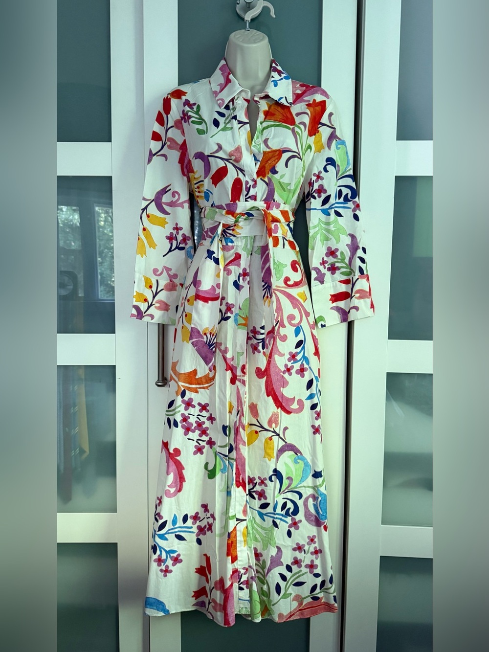 Zara Floral Multicolor Maxi Shirt Dress with Belt Large